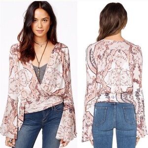 Free People Fiona Bell Sleeve Surplice Paisley Long Sleeve Top Blouse - Size S